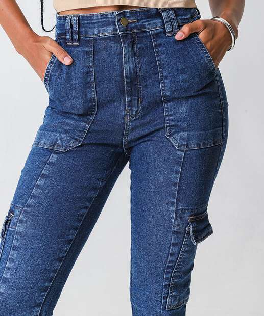 Calça Jeans Skinny Feminina Cargo Azul