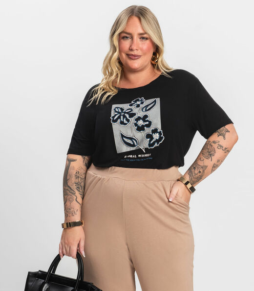 Camisa Manga Curta Plus Size Secret Glam Preto