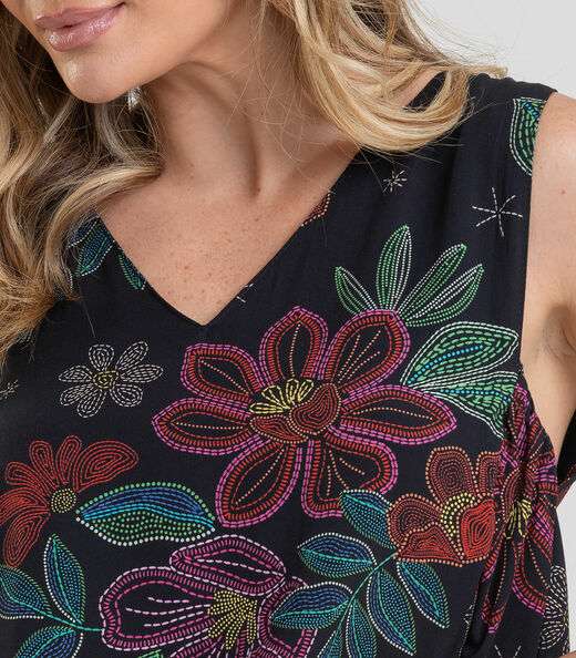 Regata Feminina em Tecido Estampado Dianna Preto