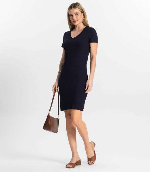 Vestido Feminino Em Ribana Canelada Rovitex Azul