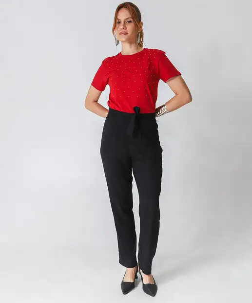 Camiseta Feminina Manga Curta com strass Marisa Vermelho