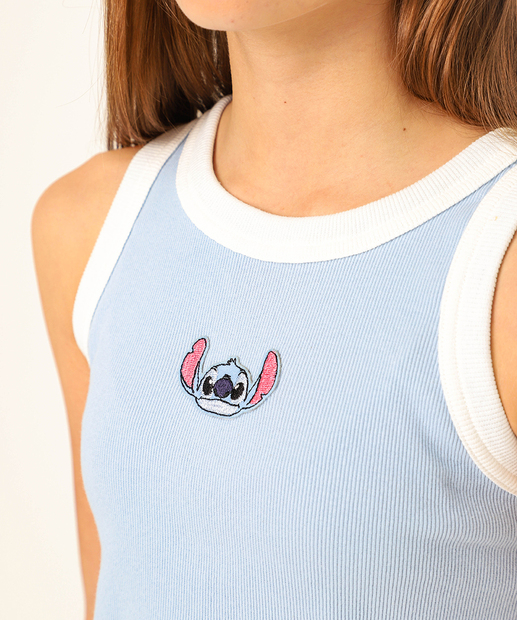 Blusa Juvenil Regata Canelada Stitch Tam 10 a 16 Azul