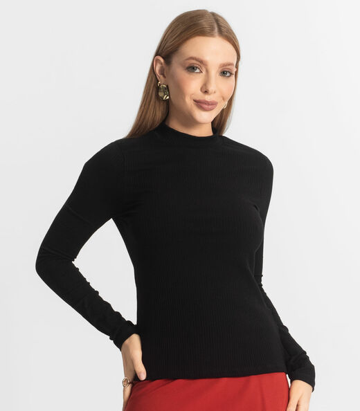 Blusa Manga Longa Feminina Canelada Select Preto