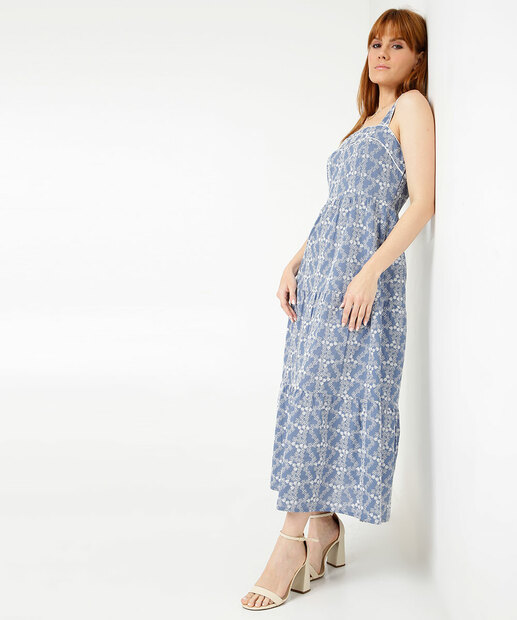 Vestido Midi Feminino Bordado Alças Largas Marisa
