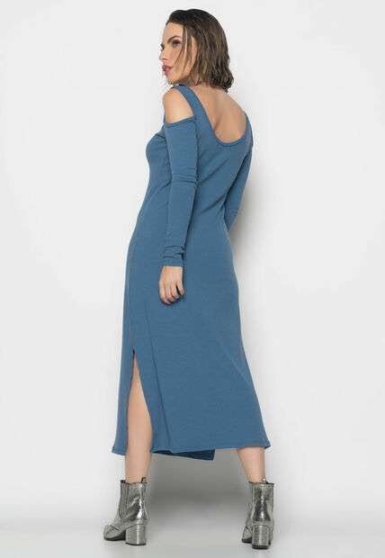 Vestido Midi Ombro Vazado Manga Longa Canelado  Fashion Azul Jeans