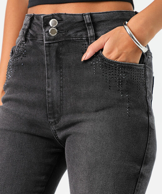 Calça Jeans Flare Feminina Strass Cintura Alta Preto