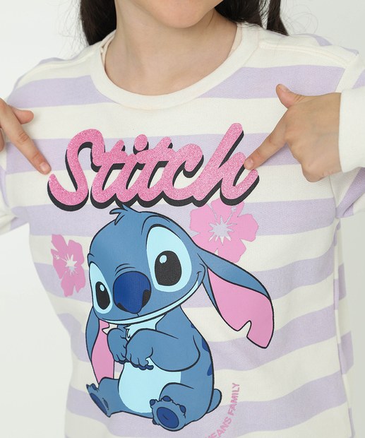 Blusão Infantil Moletinho Stitch Listrada Tam 4 a 10 Off White