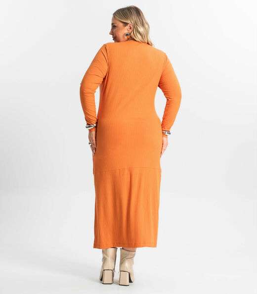 Vestido Midi Plus Size Manga Longa Secret Glam Laranja