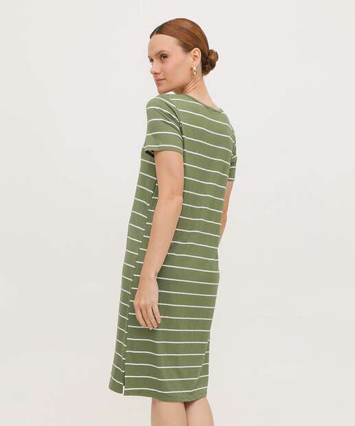 Vestido Midi Feminino Listrado Manga Curta Marisa