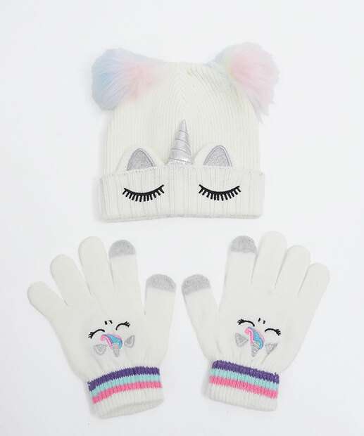 Kit Touca e Luva Infantil Tricô Unicórnio  Tam 04 A 08 Marisa 