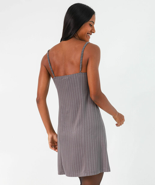 Vestido Feminino Risca de Giz Listras Alças Finas Marisa Cinza