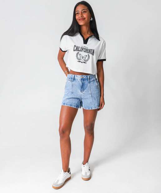 Blusa Polo Cropped Feminina Estampada Marisa Off White