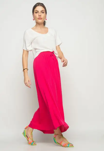 Saia Midi Viscolinho Rosa Salvatore Fashion