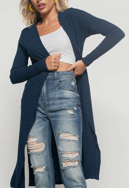 Kimono  Alongado Manga Longa Canelado Azul Salvatore Fashion