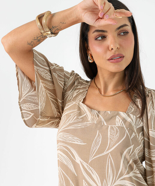Vestido Feminino Folhas Manga Curta Marisa Marrom