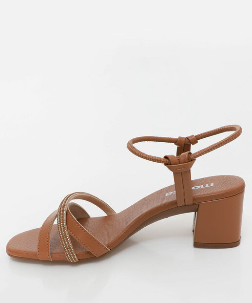 Sandália Feminina Salto Grosso Strass Moleca Caramelo