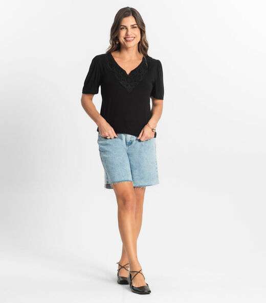 Blusa Feminina Manga Curta Viscotorcion Select Preto