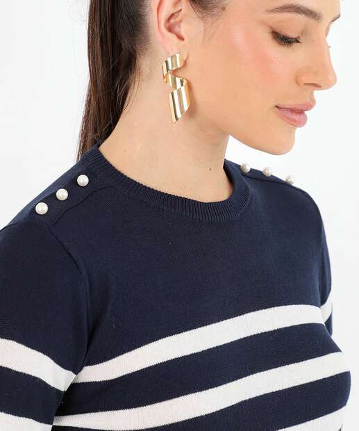 Suéter Feminino Tricô Listrado Pérolas Marisa Azul