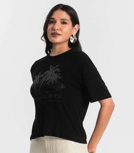 Blusa Feminina Over com Estampa e Glitter Preto