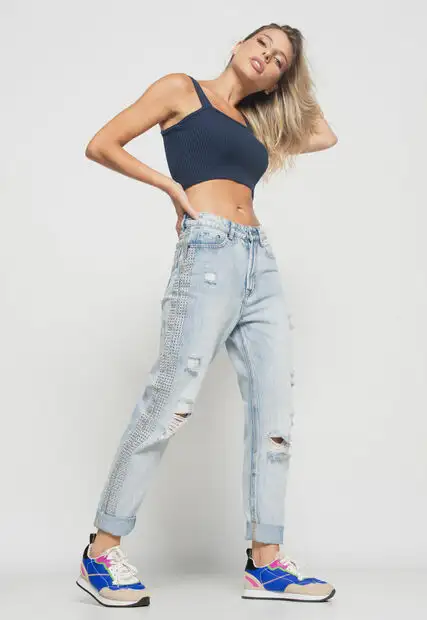 Cropped  Top Faixa Comfy Malha Canelada Azul Salvatore Fashion