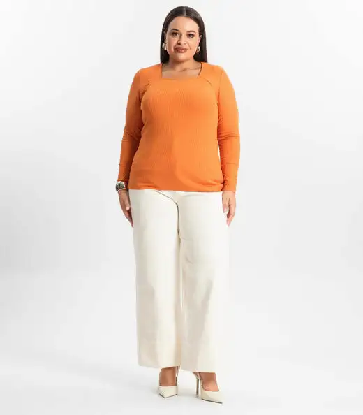 Blusa Plus Size Em Ribana Canelada  Secret Glam Laranja