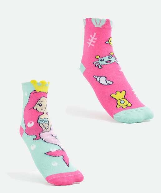 Image_Kit 2 Pares Meias Infantil Soquete Estampa Sereia