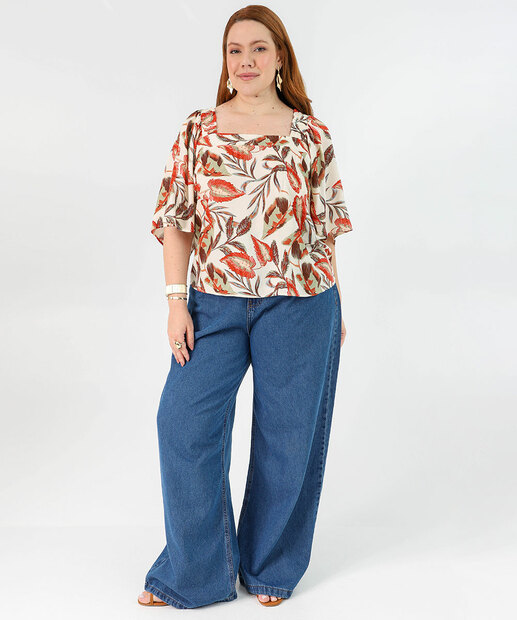 Blusa Plus Size Feminina Estampa Folhas Marisa Bege