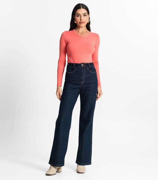 Blusa Manga Longa Decote V Básica Select Rosa