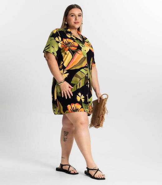 Vestido Chemise Curto Plus Size Secret Glam Preto