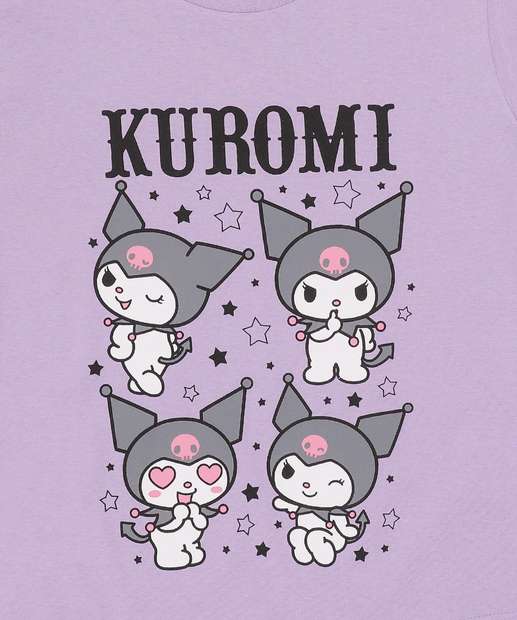 Blusa Juvenil Manga Curta Kuromi Sanrio Tam 10 a 16