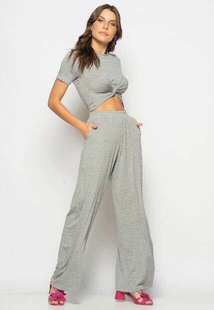Conjunto Cropped Nó e Wide Leg Malha Mescla Salvatore