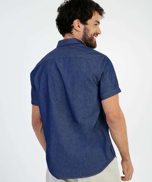 Camisa Masculina Jeans Bolso Manga Curta