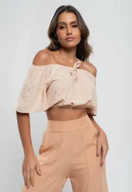 Cropped Ciganinha Viscose Com Lurex Bege Salvatore Fashion