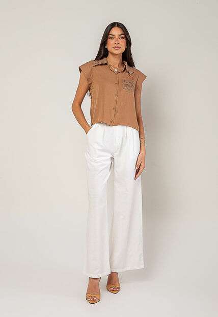 Blusa Alfaiataria Com Gola Em Renda E Bolso Decorado Marrom Salvatore