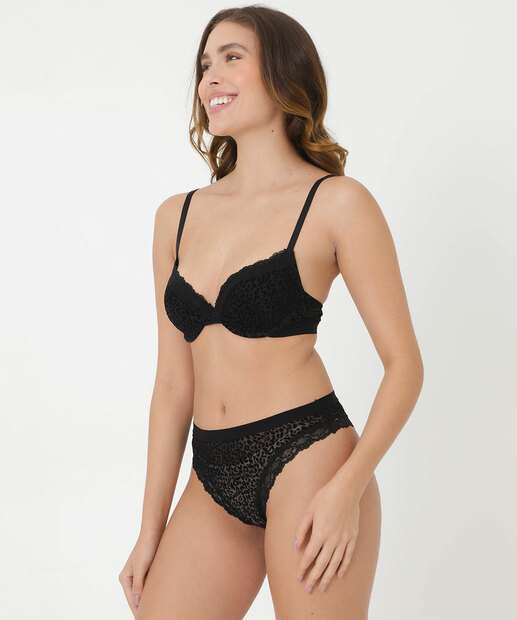Calcinha Biquíni Tule Flocado Animal Print Renda Marisa