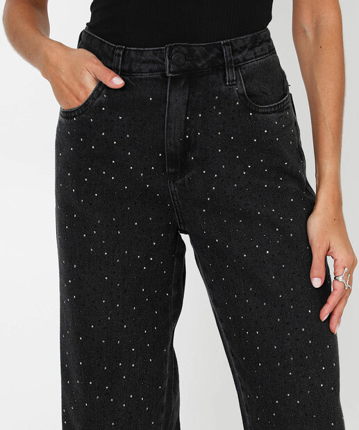 Calça Feminina Jeans Wide Leg Strass Sawary Preto