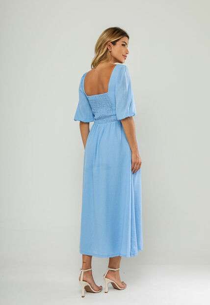 Vestido Longo Com Decote Reto E Manga Bufante 3/4 Azul Salvatore