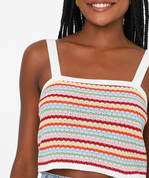 Blusa Cropped Feminina Tricô Listrado Marisa Off White