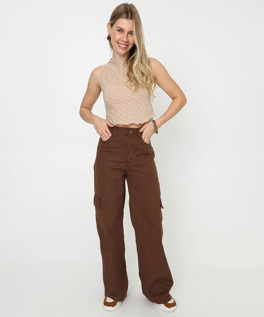 Image_Calça Feminina Sarja Wide Leg Cargo Marisa Marrom