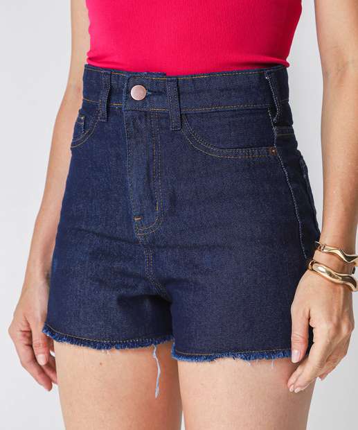 Short Jeans Feminino Cintura Alta Barra Desfiada Azul