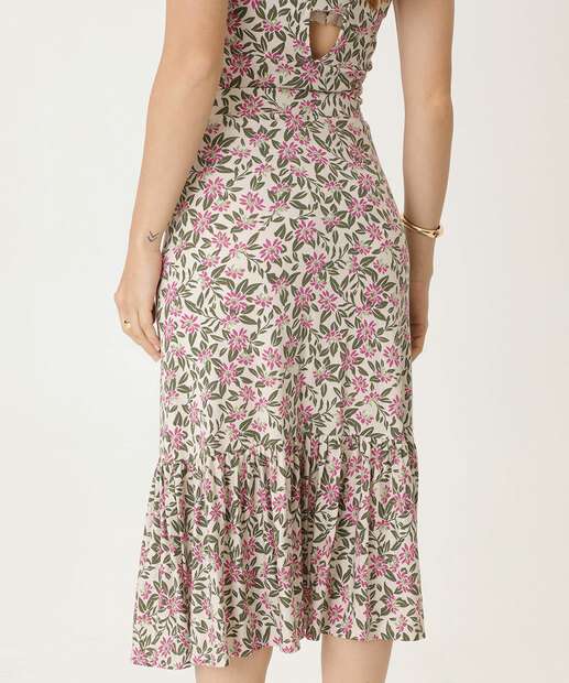 Saia Midi Feminina Estampa Flores Babado Marisa
