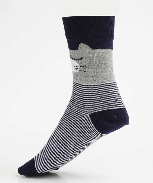 Meia Feminina Cano Longo Listrada Estampa Gato Marisa