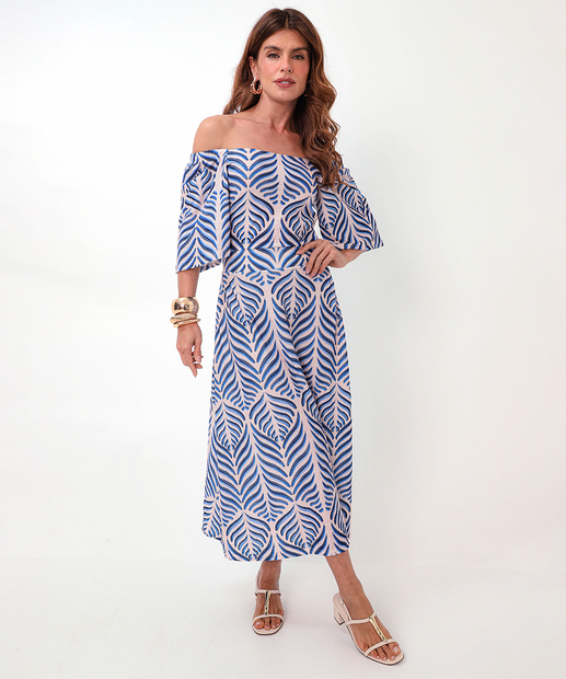 Vestido Midi Feminino Ciganinha Estampado Marisa Azul