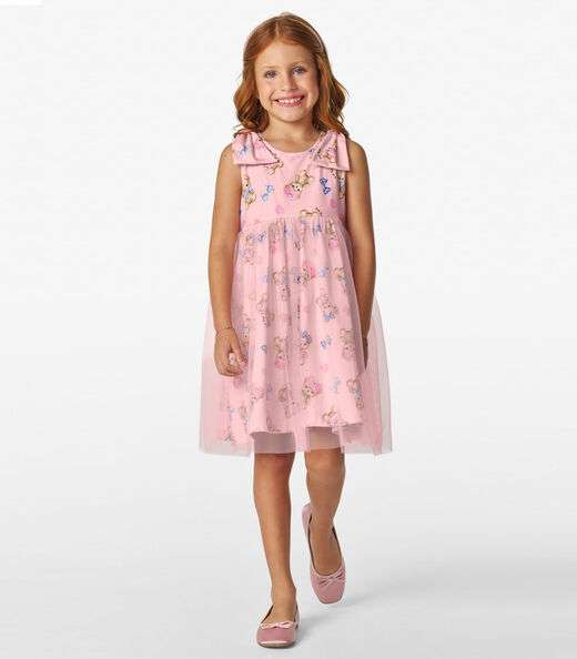 Vestido em Cotton Leve e Tule Trick Nick Rosa