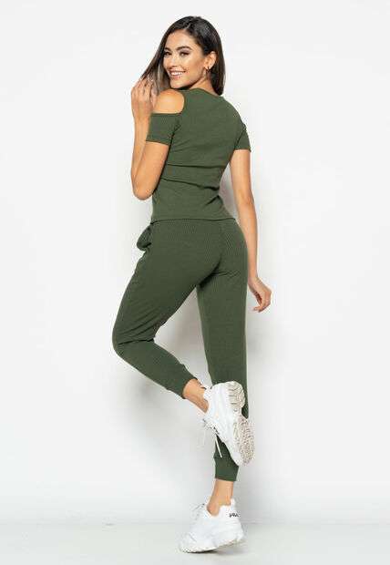 Conjunto  Comfy Com Blusa Ombro Vazado e Jogger Canelada Verde Salvatore Fashion