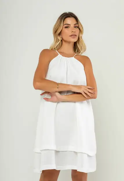 Vestido Curto Com Alças Finas e Babado Duplo Branco Salvatore