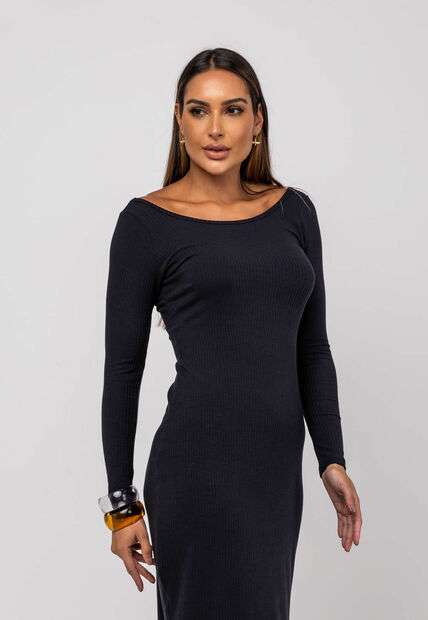 Vestido Midi M/L Decote Canoa Canelado Preto Salvatore