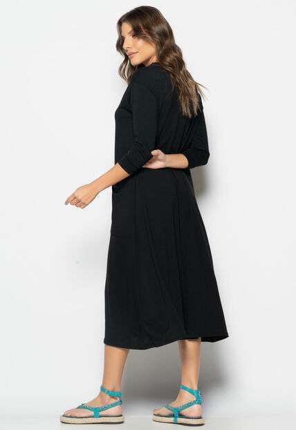 Vestido Midi Com Bolsos E Manga 7/8 Preto Salvatore