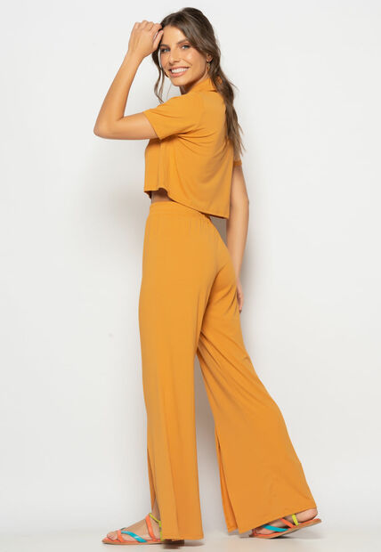 Conjunto Cropped Golão E Calça Fenda Frontal Malha Caramelo Salvatore