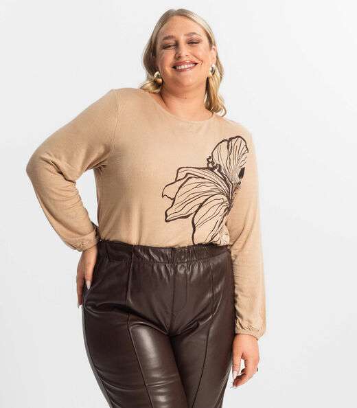 Image_Blusa Feminina Plus Size Manga 7/8 Secret Glam Marrom